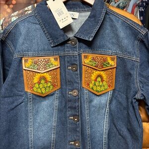 NWT Myra Azalea Prairie Sunflower Cactus Accent Denim Jean Jacket